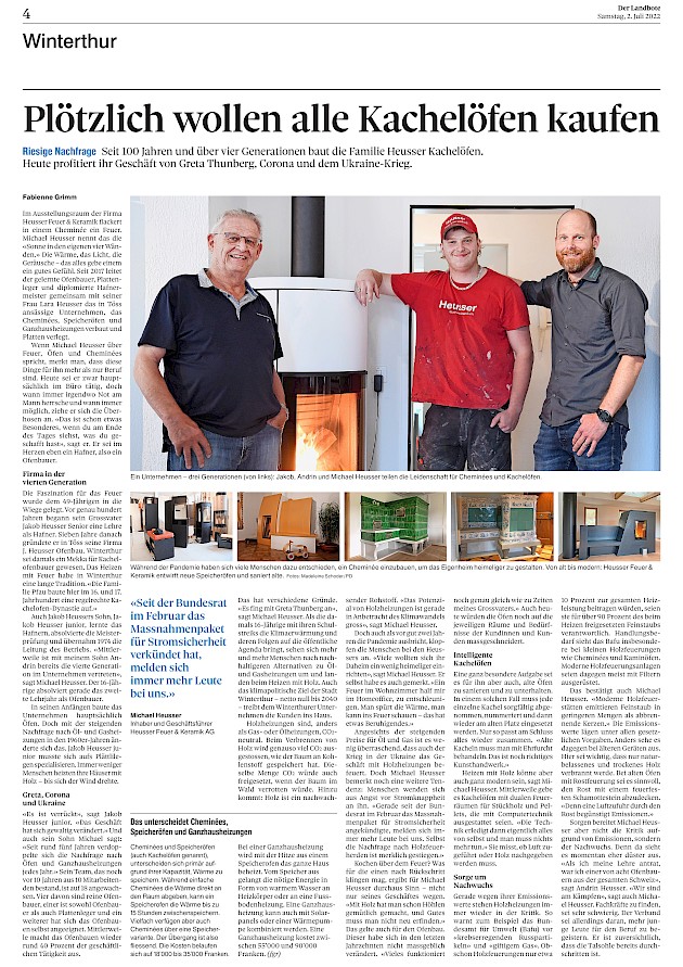 Plötzlich wollen alle Kachelöfen kaufen (Artikel Landbote 2. Juli 2022)